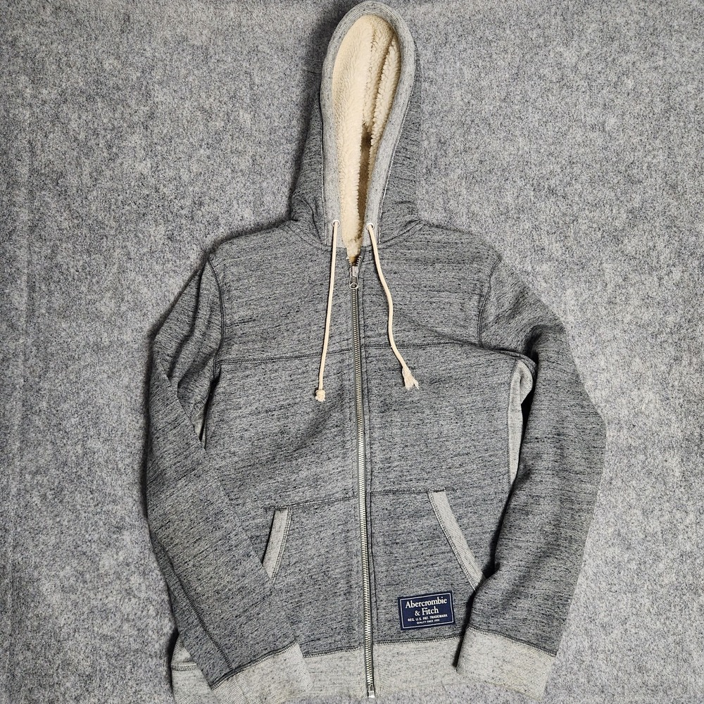 Abercrombie Fitch Sherpa Lined Jacket Men M Gray Hooded Heathered Y2K Full Zip